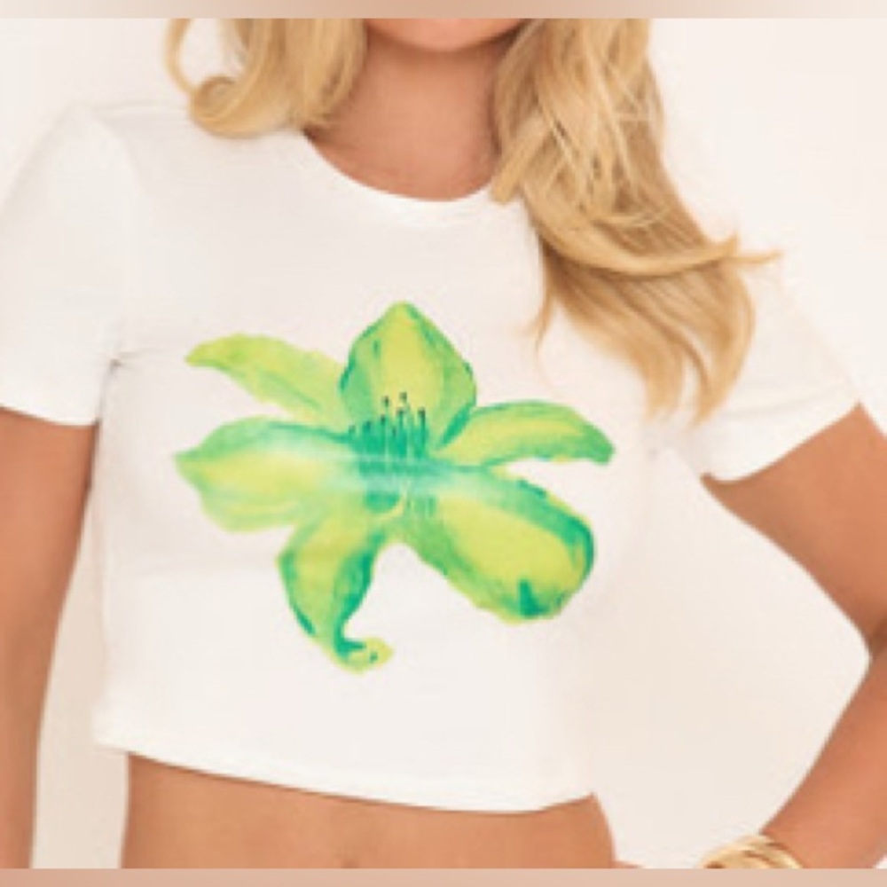 EGO White Crop Top with Green Floral Print